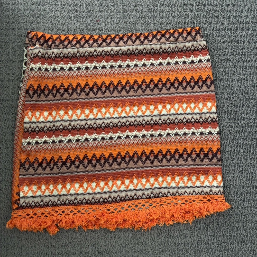 Chevron Embroidery Colorblock Fringe Trim Skirt